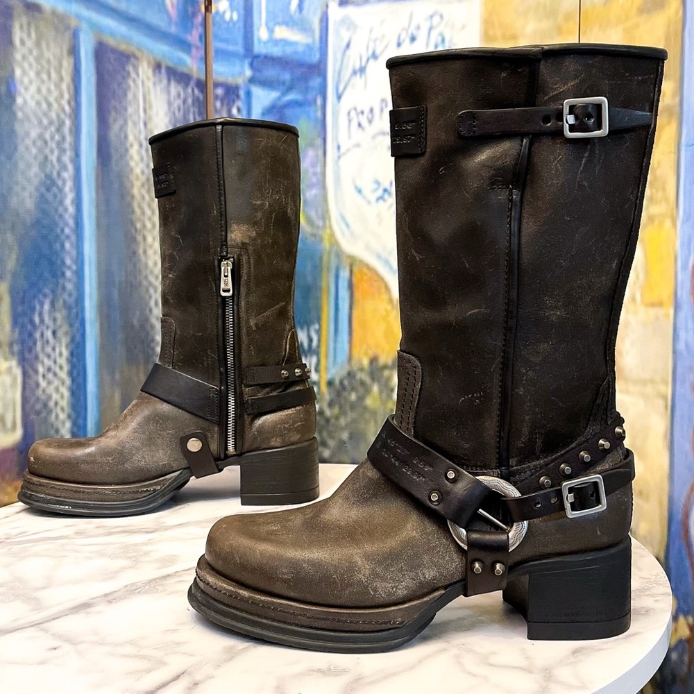 A.S.98 Chase Leather Harness Moto Boots Brushed Smoke Brown Black 40 EUC - Picture 2 of 9